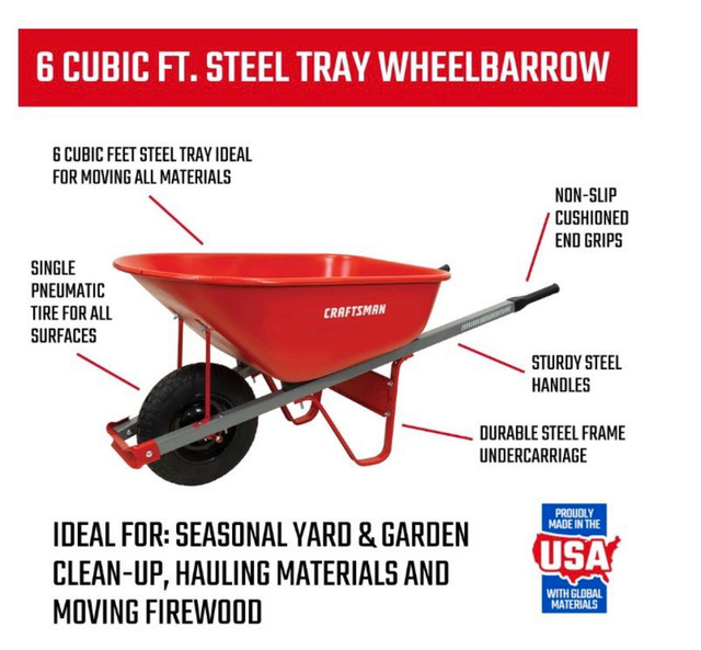 CRAFTSMAN 6 Cu Ft steel tray wheelbarrow C120 The CRAFTSMAN 6 Cu Ft
