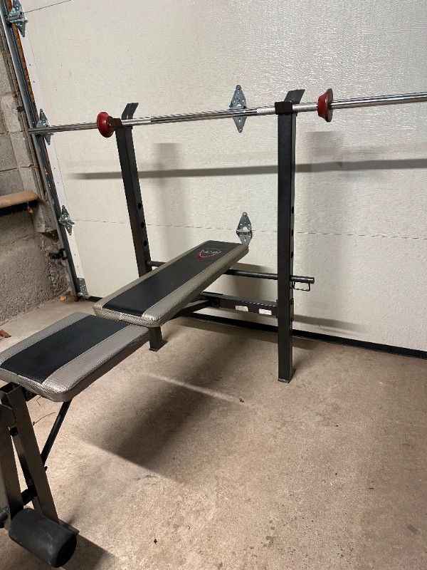 Bench with leg curl and 5ft bar gym weights exercise cap decline
