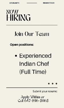 Hiring Indian Chef Experienced Full Time Downtown Toronto