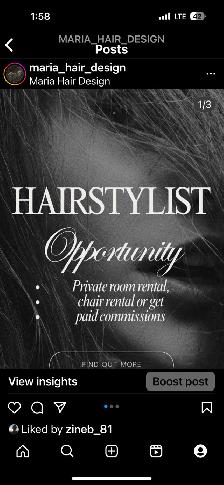 Hairstylist opportunities, private room rental, chair rental or