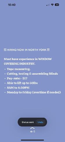 HIRING NOW IN NORTH YORK !!