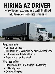 Hiring AZ Driver – 3  Years Experience with Flatbed