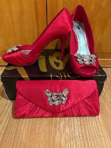 Red Satin Stiletto Pumps w/matching Clutch