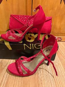 Red Satin Stiletto Sandals w/matching Clutch