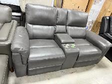 Grey leather power reclining loveseat