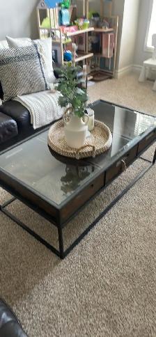Glass, metal and wood coffee table with slide out drawers