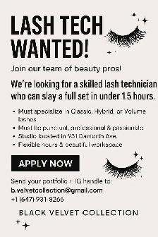Eyelash Technician Wanted – Beautiful Salon Space in East York!