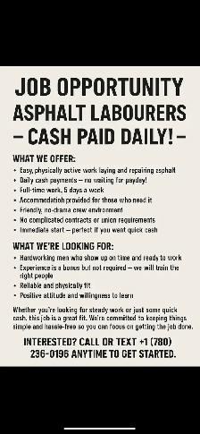 Job Opportunity: Asphalt Labourers Needed — Cash Paid Daily!