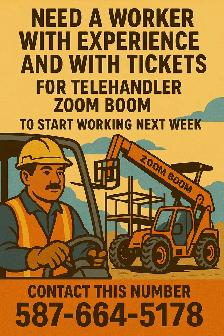 hiring tele-handler zoom boom worker with experience and ticket