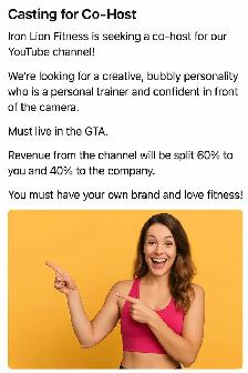 Female Fitness Co-Host for YouTube Channel (GTA