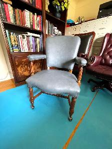 Victorian-Style Blue Desk Chair | Walnut Frame   Brass Castors |