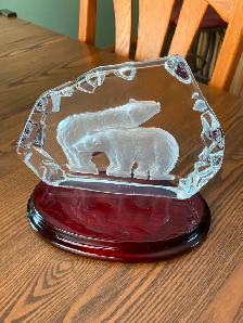 Crystal Polar Bears Figurine on Lacquered Wood Base
