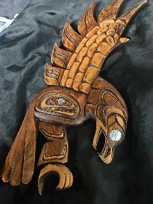 Hand-Carved Wooden Eagle Sculpture with Abalone Shell - 18'