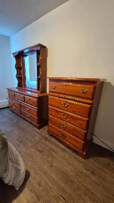 Wood hutch w mirror and tall dresser, for immediate pickup!