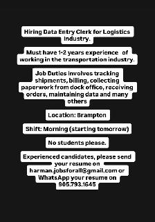 Hiring Data Entry Clerk for Logistics Industry