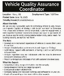 Vehicle Quality Assurance Sales Rep.