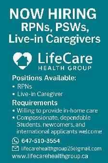 NOW HIRING – RPNs, PSWs & Live-in CaregiversJoin LifeCare Group