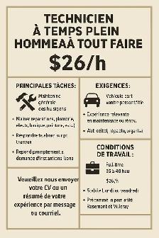 RECHERCHÉ: TECHNICIEN, HOMME À TOUT FAIRE