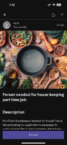 cooking  house keeping part time job