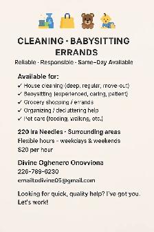 ✨ Now Available: Cleaning, Babysitting & Errand Services – $20/h