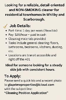 Part-Time Cleaner Needed – Whitby & Scarborough (1 Day/Week)