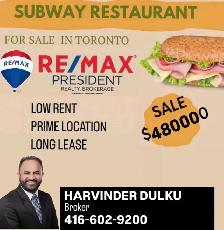 SUBWAY RESTAURANT FOR SALE IN TORONTO