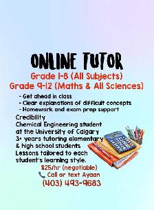 Online Tutor Grades 1–12 | UofC Engineering Student