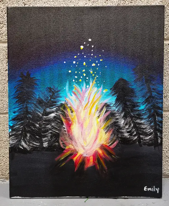 Painting of Forest Night Campfire