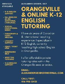 K-12 English tutoring in Orangeville or online