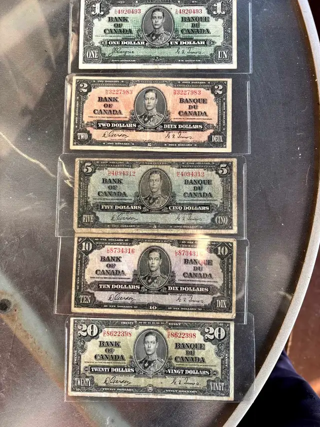 1937 Canadian $1, 2, 5, 10, $20 set of banknotes
