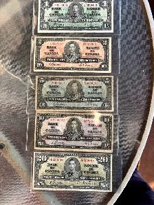 1937 Canadian $1, 2, 5, 10, $20 set of banknotes