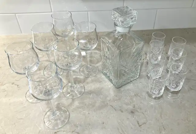 Pristine Decanter and Crystal Glasses (stemmed & barrel style)