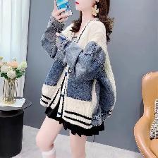 Loose Lazy Style Denim Patchwork Knit Cardigan for Women
