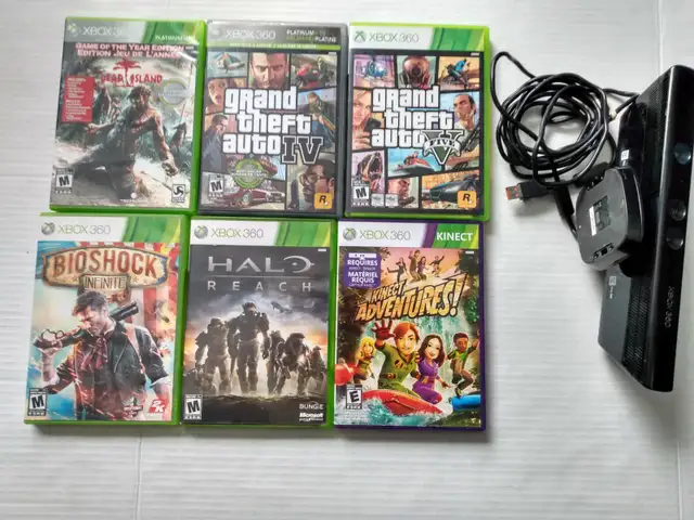 XBOX 360 BUNDLE W/ 2 CONTROLLERS (CORDS) 6 GAMES & KINECT CAMERA