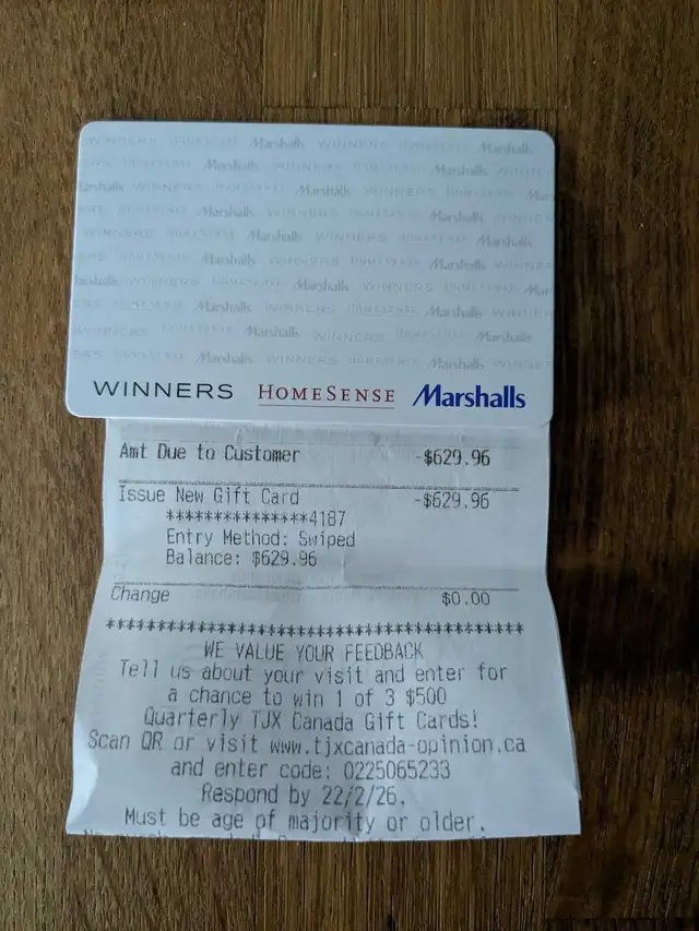 Winners  $629.96 Gift Card.