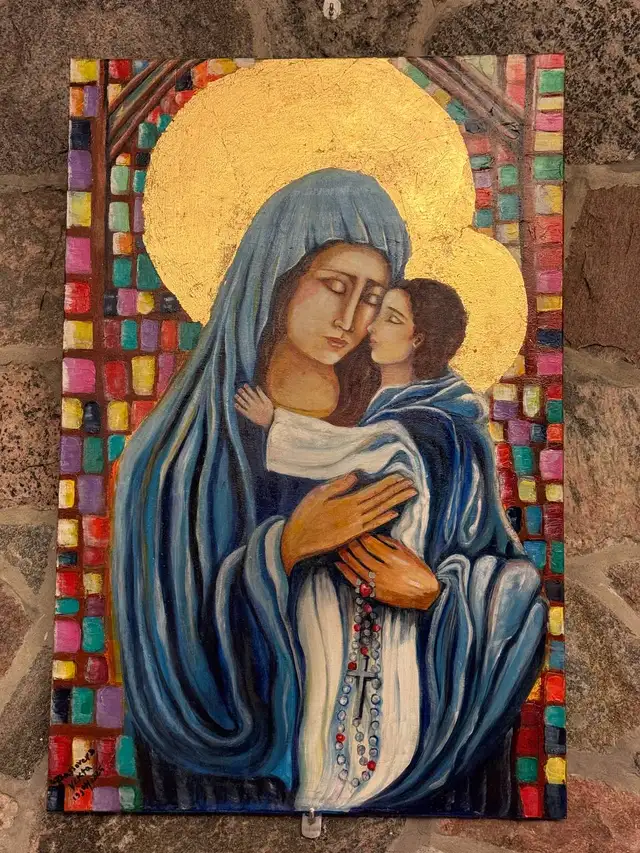 Beautiful Madonna and Child Painting - Gold Leaf Halos