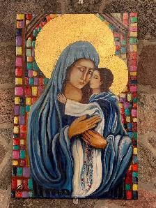 Beautiful Madonna and Child Painting - Gold Leaf Halos