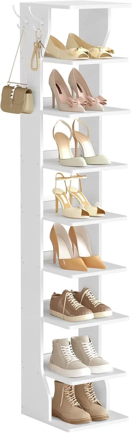 9-Tier Slim Shoe Rack with Hooks – White