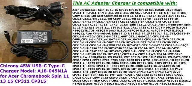 45W USB Type-C Charger A18-045N1A for Acer   Lenovo Chromebook - Photo 2