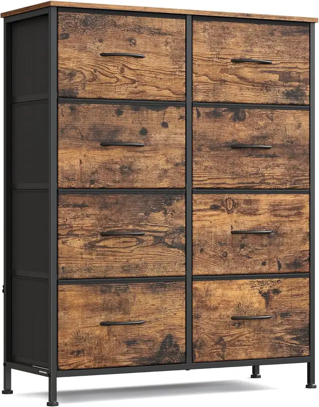 8-Drawer Fabric Dresser – Rustic Brown & Ink Black