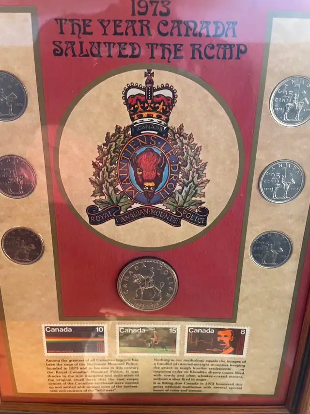 1973 RCMP framed coin and stamp collectable