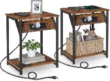 VASAGLE Side Tables with Charging Station – Rustic Brown   Black