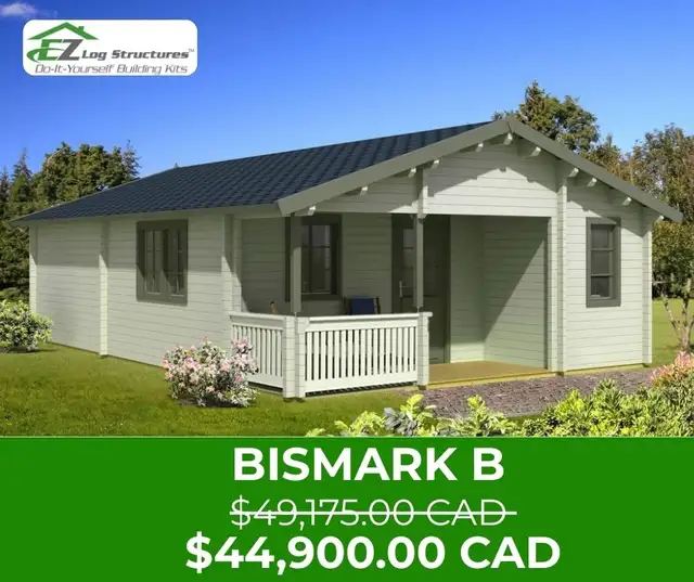 Bismark B – 535 sq’, 2 bedroom, 1 bath log home / cabin kit