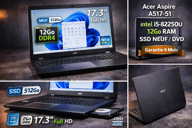 Acer Aspire 17 pouces i5-8250U 12Go DDR4 SSD NEUF 512Go DVD