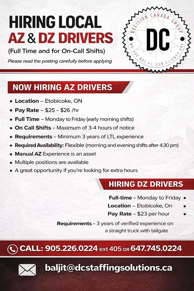 AZ/DZ DRIVERS (FULL TIME AND ON CALL)- ETOBICOKE, ON
