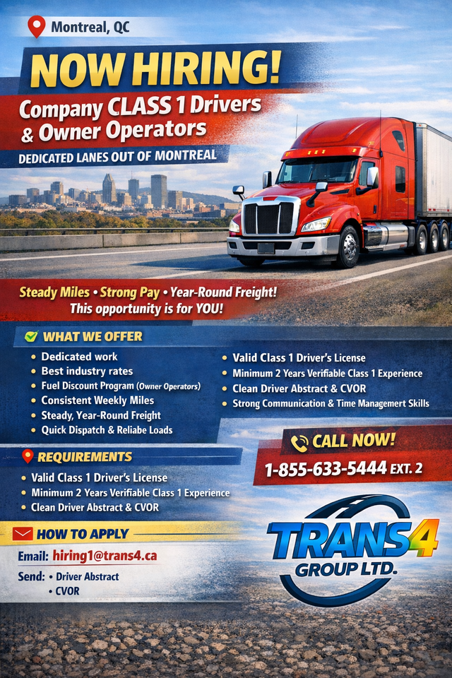 NOW HIRING – CLASS 1 DRIVERS & OWNER OPERATORS - MONTREAL