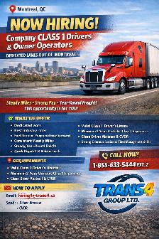 NOW HIRING – CLASS 1 DRIVERS & OWNER OPERATORS - MONTREAL