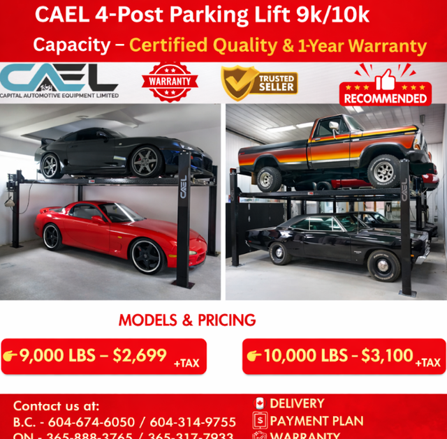 New CAEL 4-Post Parking Storage Lift 9k/10k Capacity – Certified