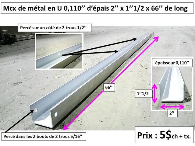 morceau métal en U 0.100'' d'épais x 2'' x 1''1/2 x 66'' long