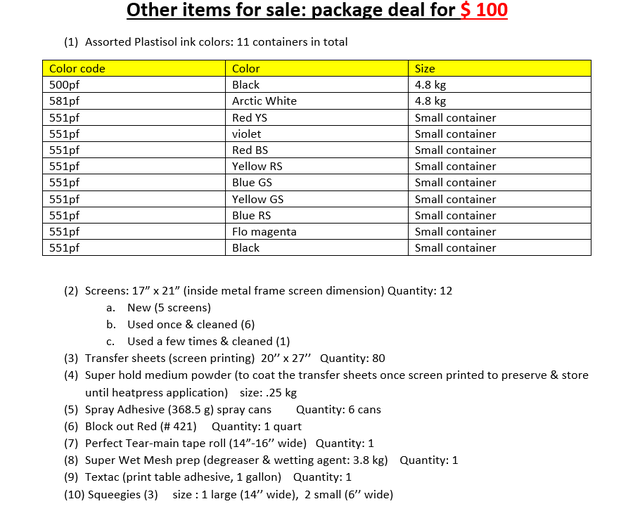 Screen printing package: inks, screens, transfer sheets & more
